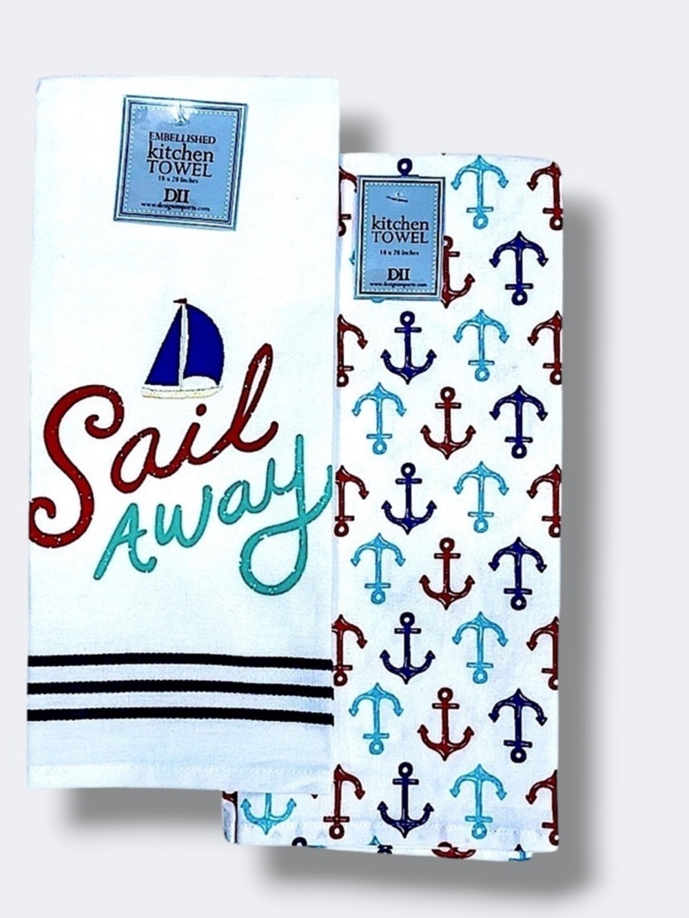Sail Away Kitchen Towel Embellished Set Coastal Nautical Cotton Set 18 x 28 in